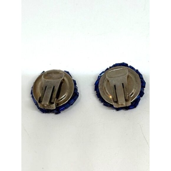 Vintage Blue Seed Bead Cluster Clip On Earrings w/ Blue Cabochon Center - Picture 7 of 7
